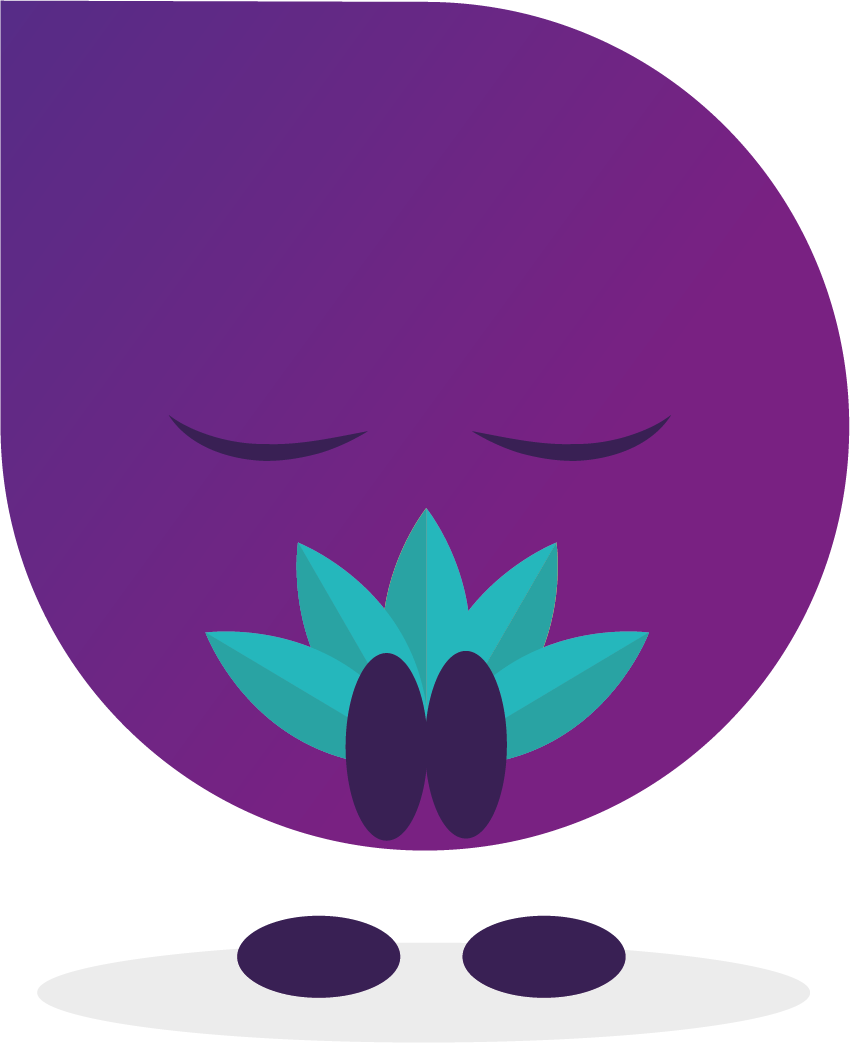 Mascotte Relyance en posture namaste — sérénité et recul
