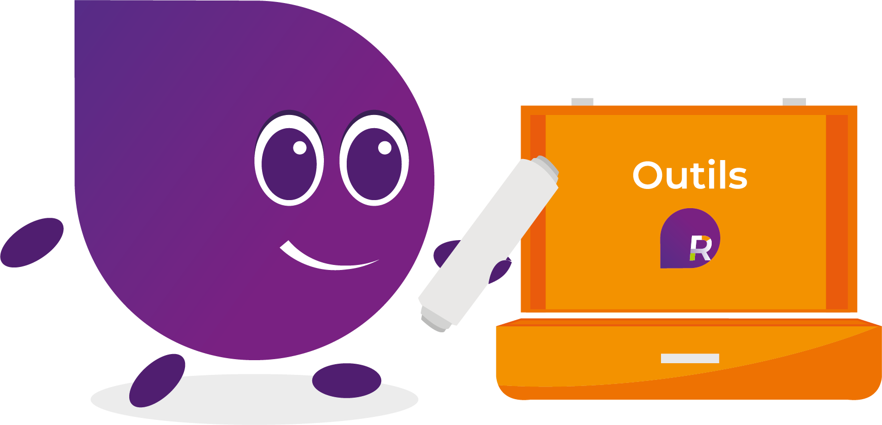 Mascotte Relyance avec sa boîte à outils