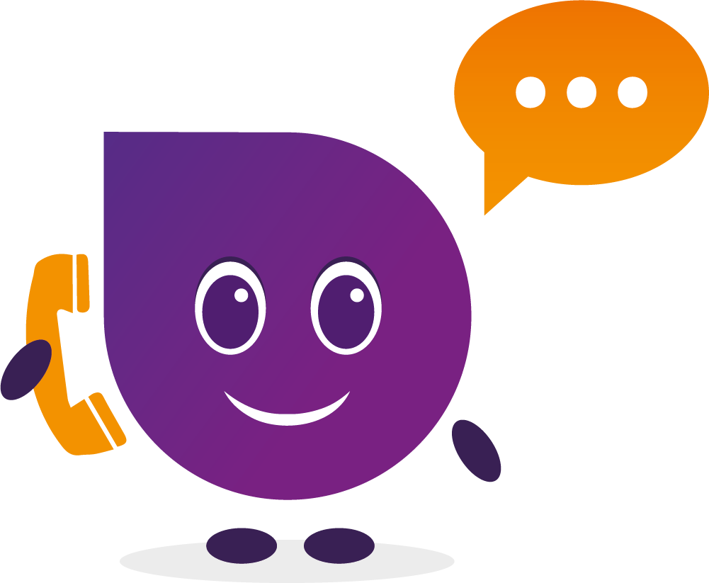 Mascotte Relyance au téléphone, prête à échanger